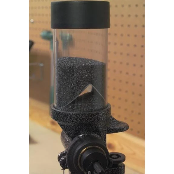 Lyman Powder Measure Baffle, dark baffle visible inside a clear powder hopper