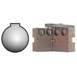 Lyman Round Ball Mould - Double Cavity, open brown metal mould beside a round ball diagram