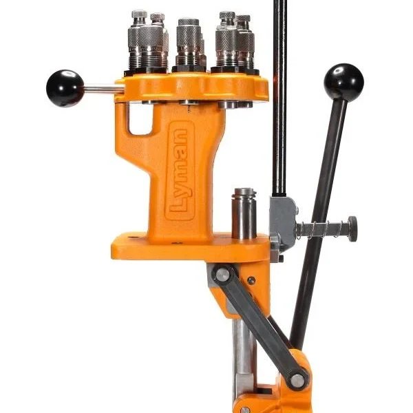 Lyman Brass-Smith 8-Station Turret Press, orange front view with black handles and mounted dies
