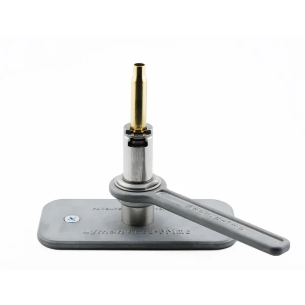 Lyman Accu-Prime Manual Bench Priming Tool, gray tool with upright brass fitting and lever
