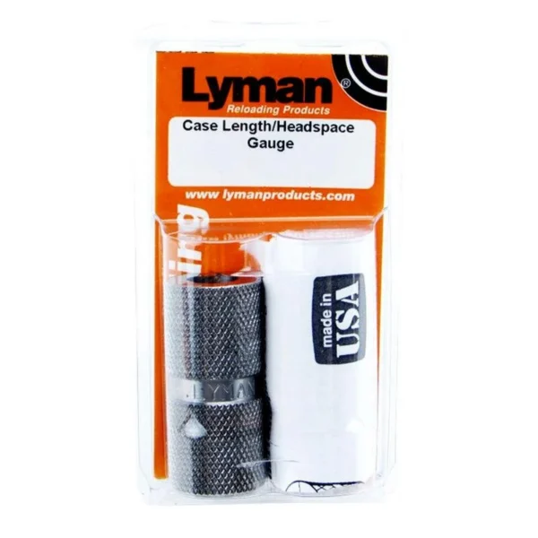 Lyman Case Length/Headspace Gauge, black gauge and white case in orange blister packaging