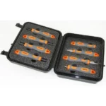 Lyman Universal Case Prep Accessory Tool Set in open black zippered case with orange-accented tools