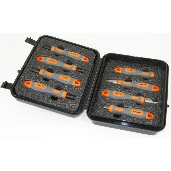Lyman Universal Case Prep Accessory Tool Set in open black zippered case with orange-accented tools