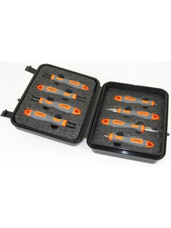 primary-21552 Lyman Universal Case Prep Accessory Tool Set in open black zippered case with orange-accented tools