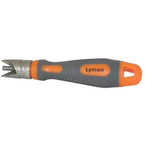 Lyman Outside Chamfer Tool, side view with gray and orange handle and metal cutting head