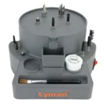 Lyman Case Prep Center Xpress, gray front view with mounted tools, brush and container