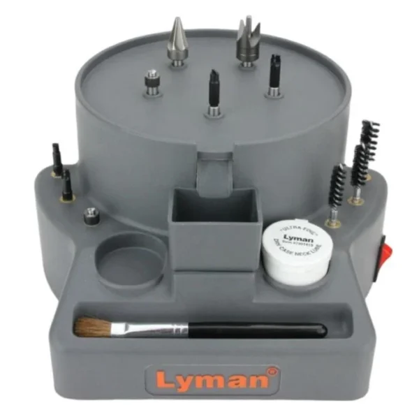 Lyman Case Prep Center Xpress, gray front view with mounted tools, brush and container