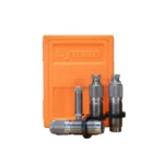 Lyman Premium Carbide 3 Die Set, three metal dies beside an orange plastic case