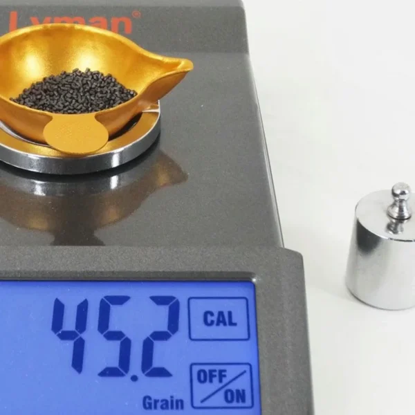 Lyman Pro-Touch 1500, gray scale front view with orange pan, pellets and blue touch screen
