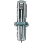 Lyman Universal Decapping Die, silver front view with knurled body, lock ring and projecting pin