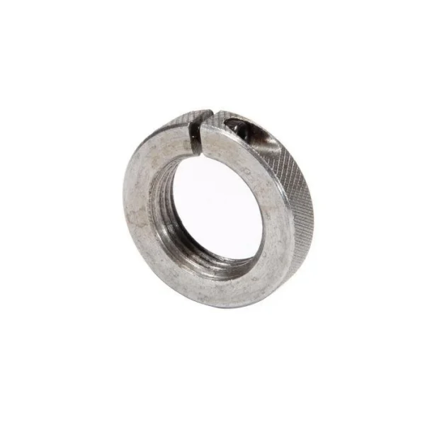 Lyman Split-Loc Die Locking Ring, angled view of silver metal threaded ring with split