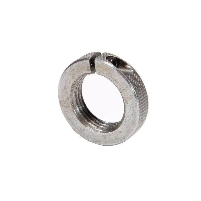 primary-21574 Lyman Split-Loc Die Locking Ring, angled view of silver metal threaded ring with split