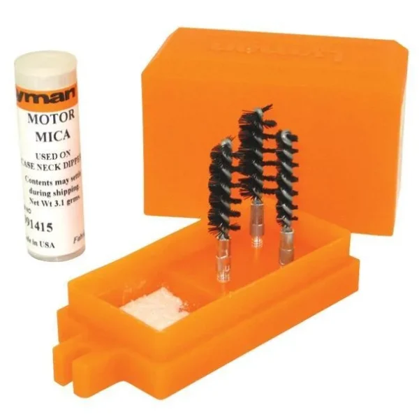 Lyman Case Neck Dipper orange case with upright brushes and white lubricant container