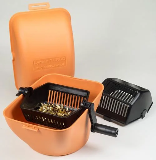 primary-21578 Lyman Rotary Case/Media Separator, orange open tub with black baskets, brass cases and crank handle