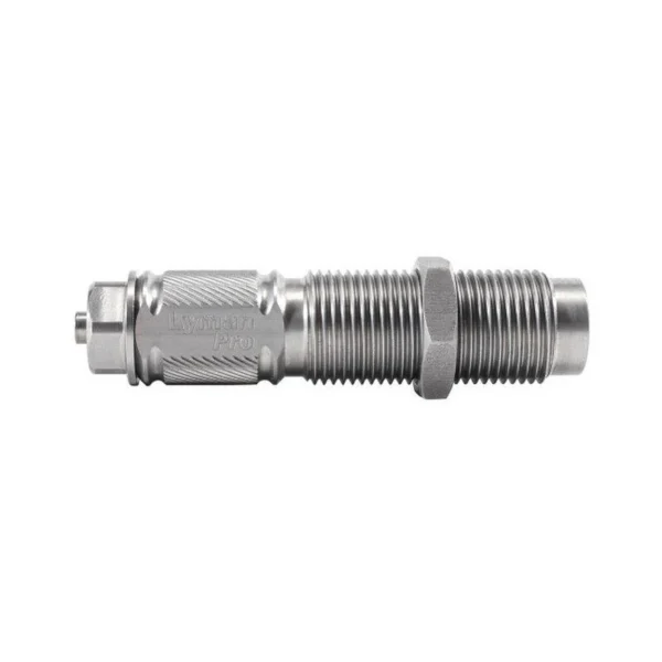 Lyman Pro Case Flare Die, silver metal side view with knurled body and threaded sections