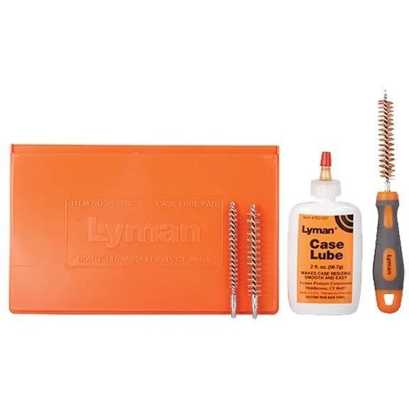 primary-21583 Lyman Case Lube Pad Only, orange rectangular pad shown beside case-care accessories