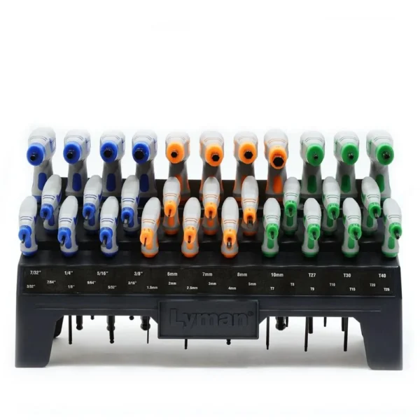 Lyman Heritage T-Handle Hex and Torx Set, front view of multicolour handled tools in black stand