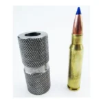 Lyman Rifle Case Length Headspace Gauge, silver knurled gauge beside a cartridge