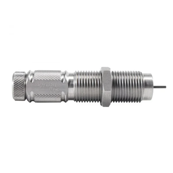 Lyman Universal Spring Loaded Decapping Die, silver side view with threaded body and pin