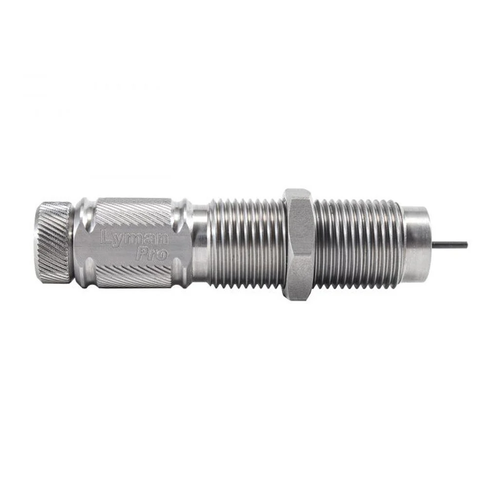 primary-21587 Lyman Universal Spring Loaded Decapping Die, silver side view with threaded body and pin
