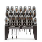 Lyman Heritage Screwdriver Set, front view with rows of drivers and bits in a black stand