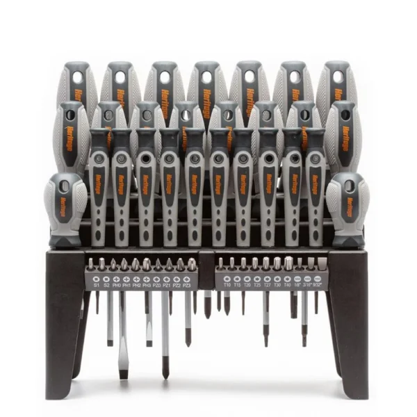 Lyman Heritage Screwdriver Set, front view with rows of drivers and bits in a black stand