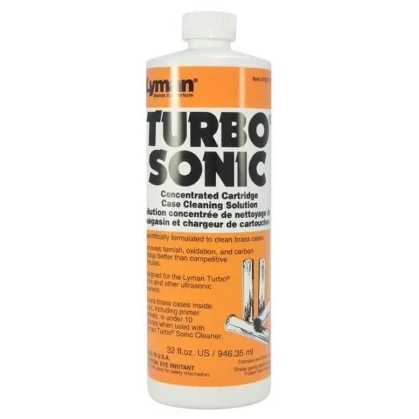 Lyman Turbo Sonic Case Solution, white bottle with orange and black label, front view