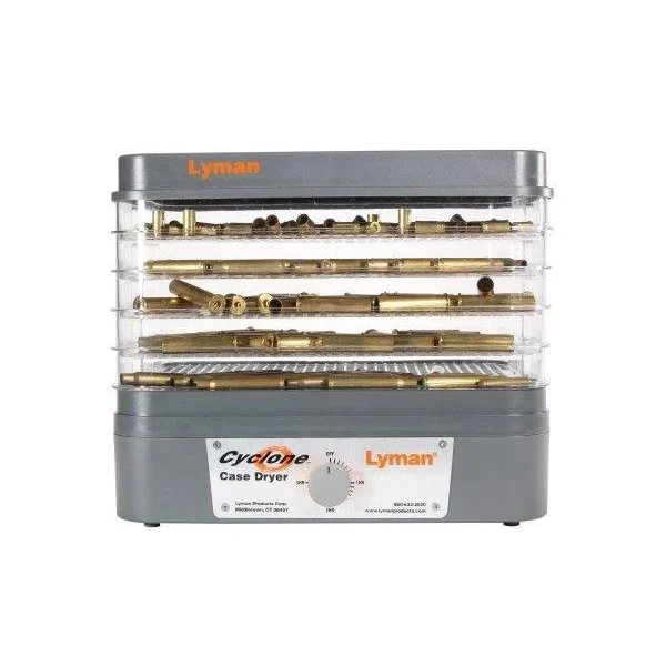 Lyman Cyclone Case Dryer 115v, front view with clear stacked drying trays and gray base