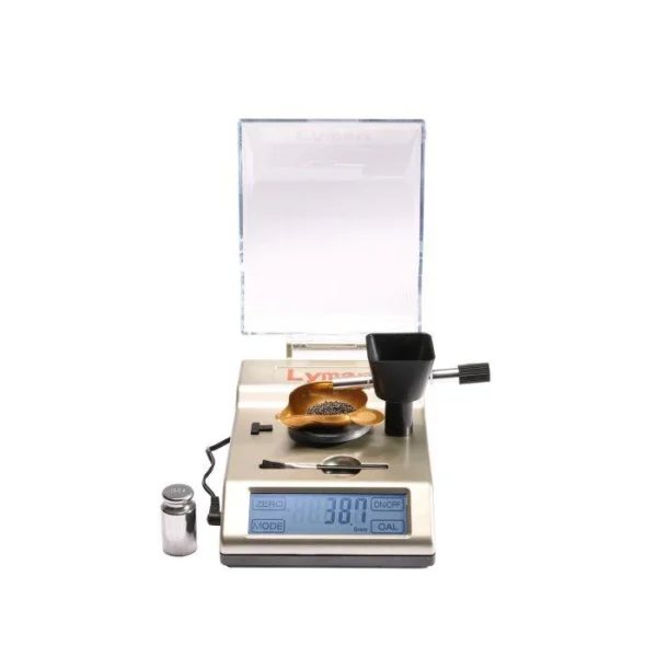 Lyman Accu-Touch 2000 Scale, front view with clear cover, tray and blue digital display