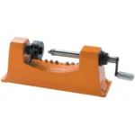 Lyman Universal Case Trimmer with Pilot, orange angled view with crank handle and metal shaft
