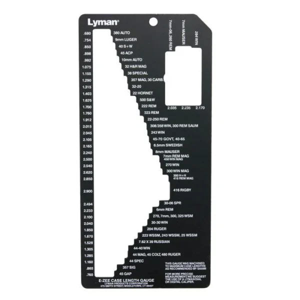 Lyman E-Zee Case Trim Gauge II, front view of black stepped gauge with white markings
