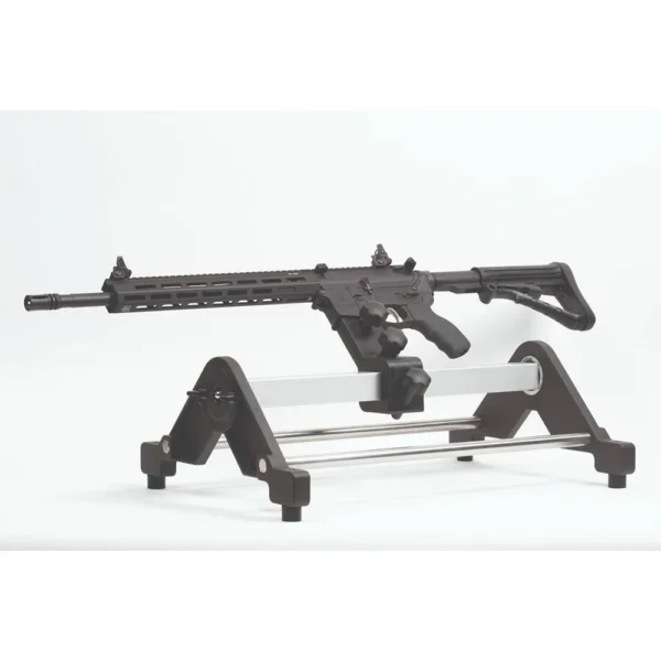 Lyman Revolution HD Heavy Duty Gun Vise, black and gray vise holding a black rifle