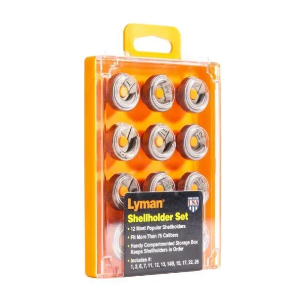 Lyman Shell Holder Set, front view of orange handled case containing nine shell holders