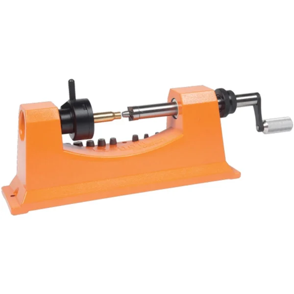 Lyman Universal Carbide Case Trimmer orange trimmer with crank and adjustment fittings