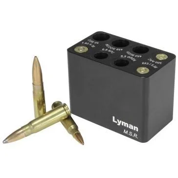 primary-21630 Lyman MSR Ammo Checker Block, black angled view with cartridge openings and three brass cartridges