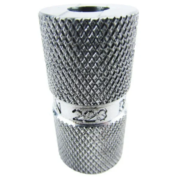Lyman Rifle Case Length Headspace Gauges, silver knurled cylindrical gauge viewed from the side