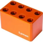 Lyman Ammo Checker Multiple Block 9mm Luger, orange block in angled view with circular chambers
