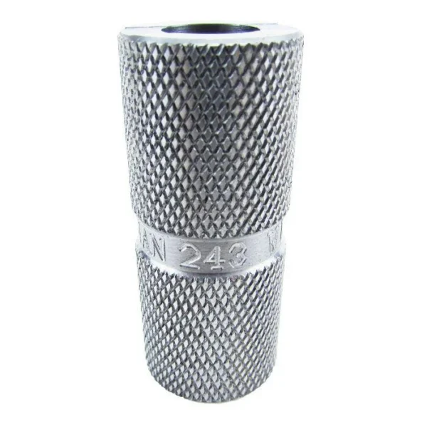 Lyman Rifle Case Length Headspace Gauge, silver knurled cylindrical gauge marked 243