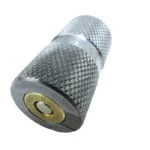 Lyman Case Gauges .44 Mag, angled view of silver knurled cylindrical gauge with brass case base