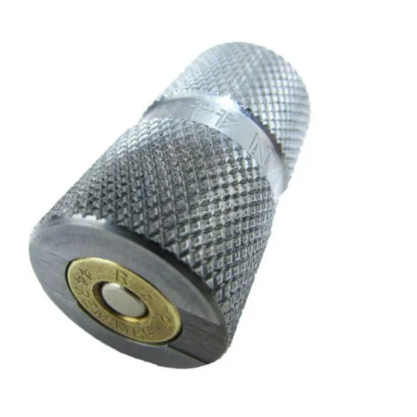 Lyman Case Gauges .44 Mag, angled view of silver knurled cylindrical gauge with brass case base
