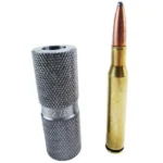 Lyman Rifle Case Length Headspace Gauges .270 Win, silver knurled gauge beside brass cartridge