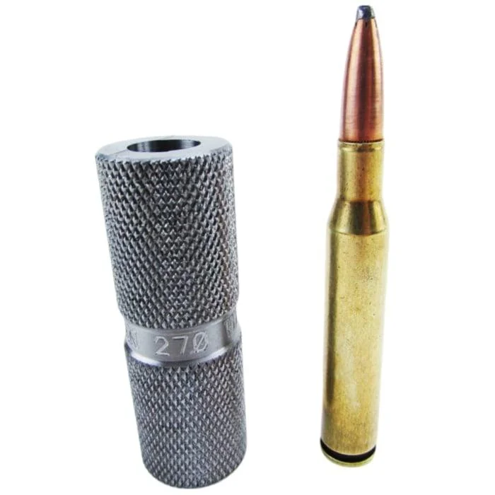 primary-21638 Lyman Rifle Case Length Headspace Gauges .270 Win, silver knurled gauge beside brass cartridge