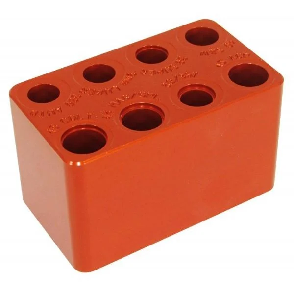 primary-21639 Lyman Ammo Checker Handgun Gauge, orange angled top view with nine cartridge-checking holes