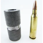 Lyman Rifle Case Length Headspace Gauges knurled silver gauge beside brass cartridge