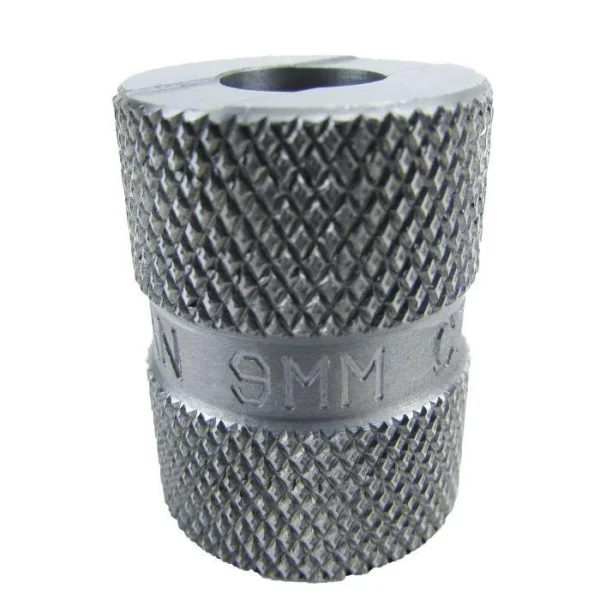 Lyman Pistol Maximum Cartridge Gauges, silver 9mm gauge with knurled exterior and top opening