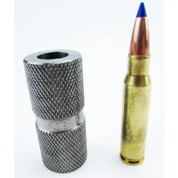 Lyman Rifle Case Length Headspace Gauges .308, silver knurled gauge beside a cartridge
