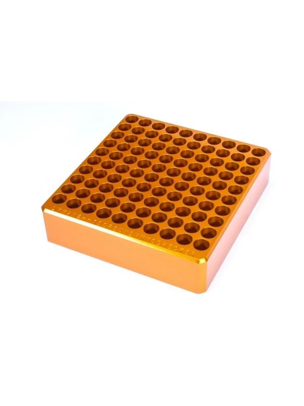 primary-21655 Lyman Ammo Checker Block, orange top view with rows of circular holes and white base