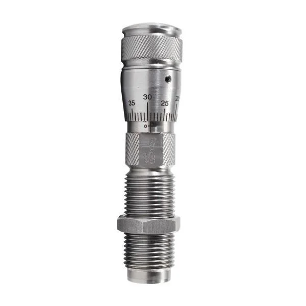 primary-21664 Lyman Pro Series Micrometer Taper Crimp Die, silver front view with knurled adjustment rings