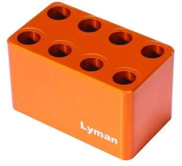 Lyman Ammo Checker Multiple Block, orange, angled top view with eight circular openings