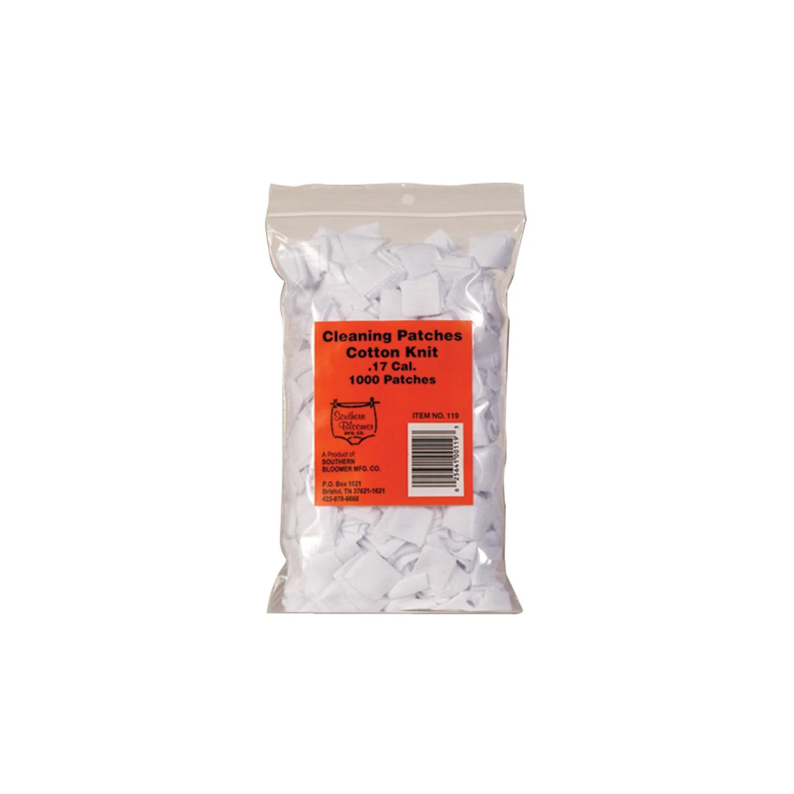 primary-21671 Southern Bloomer Rifle Patches .17 cal, clear bag filled with white patches, front view